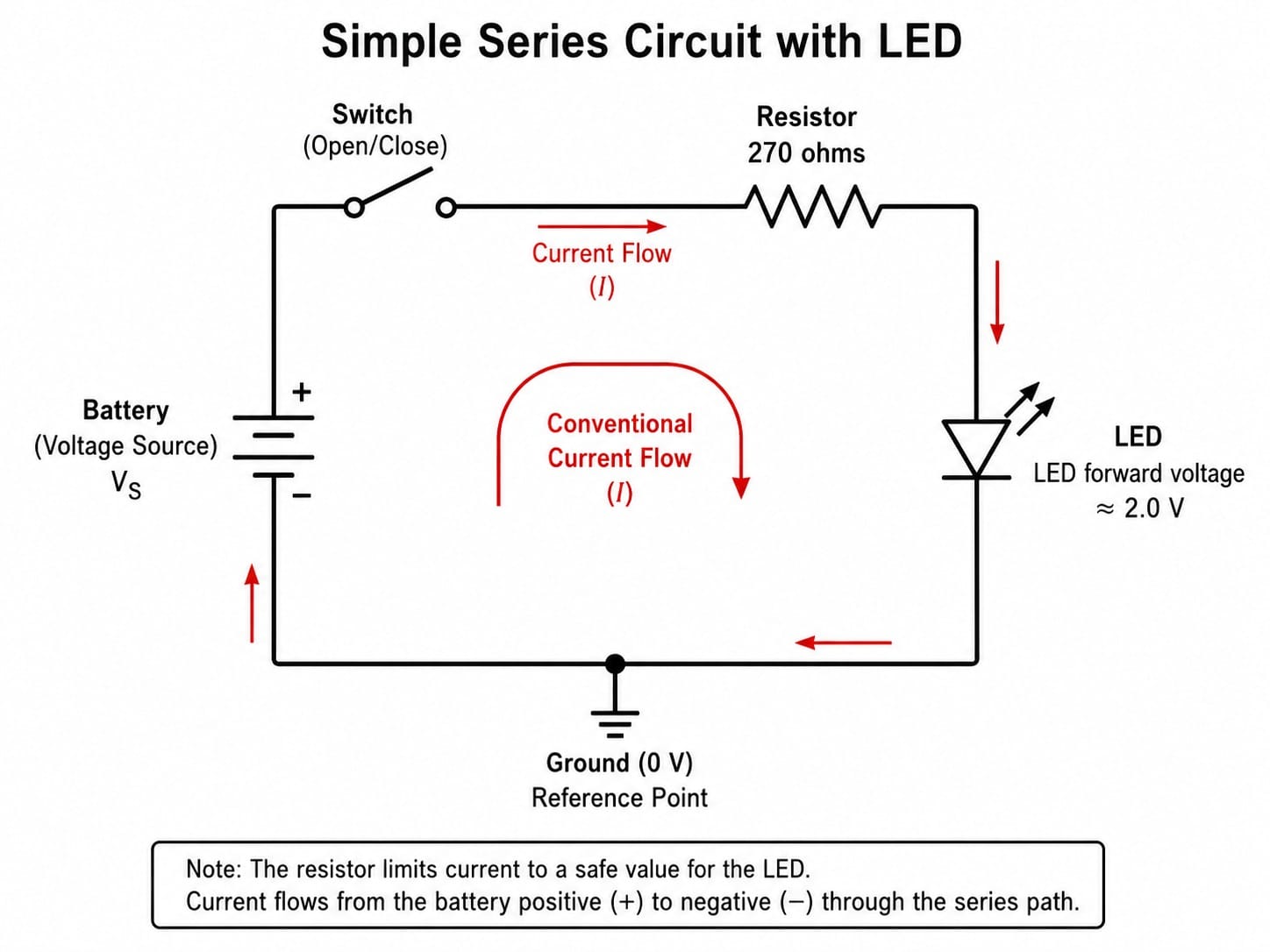 Figure 1: A simple beginner electronics circuit using a battery, switch, resistor, and LED